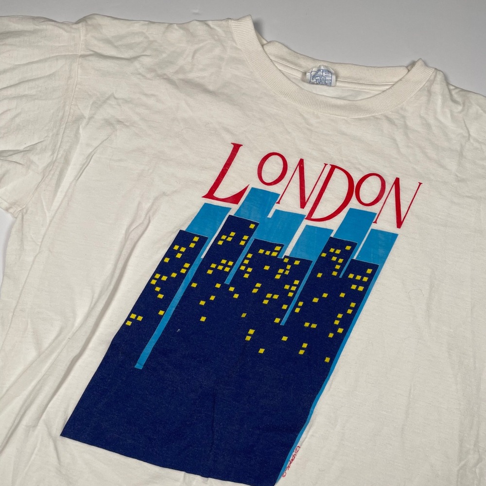 Vintage 1987 Splash London Skyline Graphic T-Shirt White‎ Single Stitch Large